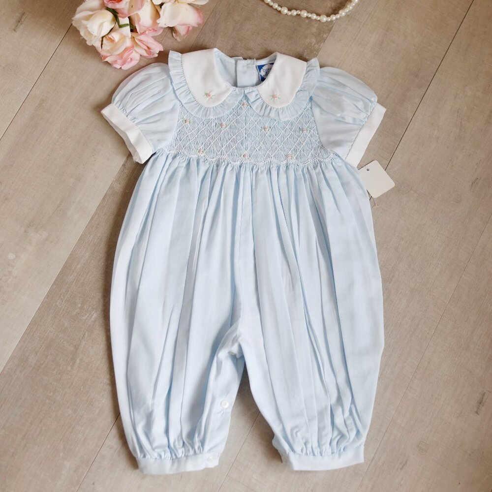 Smocked Blue Romper Friedknit by Feltman Brothers 6 Months RARE FIND LIKE NEW